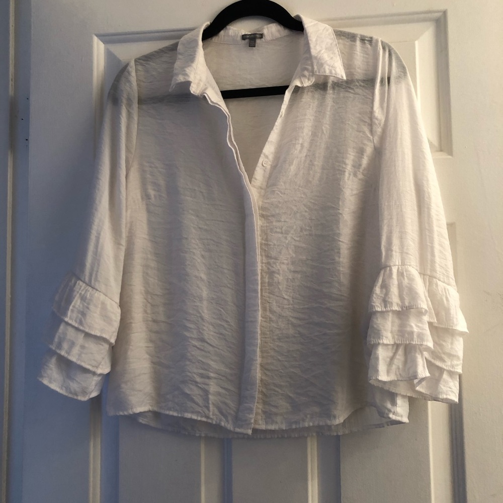 white linen shirt with ruffle sleeves